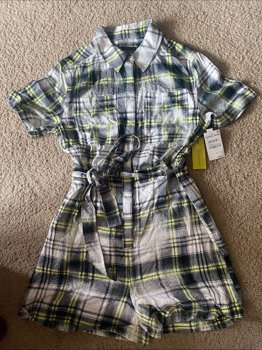 Wildfang Yellow, Black & White Plaid Short-Sleeve Romper